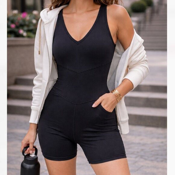 JoyLab Pants - JoyLab Black Athletic Romper Size M Ribbed V Neck Activewear One Piece